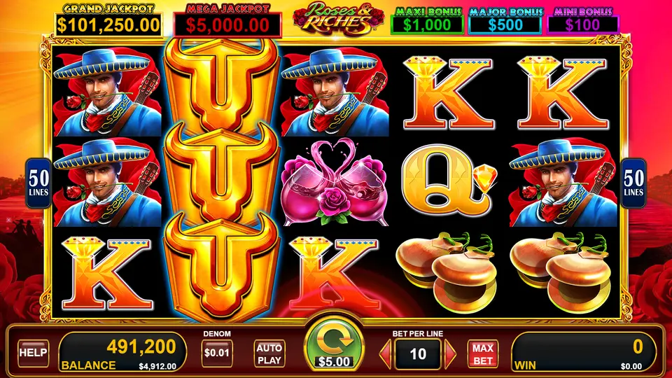 Bull Rush base game reels with mariachi and flamenco symbols on full grid